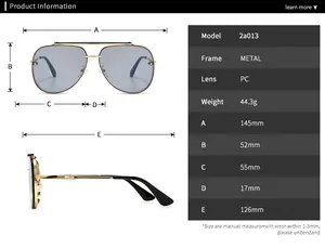 Detailed size chart for retro pilot sunglasses with metal frame and dimensions info