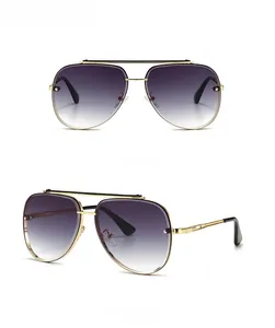 Detail view of aviator sunglasses with gold frames and gradient grey lenses from two angles