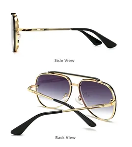 Detail view of aviator sunglasses with gold metal frame and purple gradient lenses