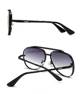 Side and back view of aviator sunglasses with black metal frames and purple gradient lenses