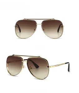 Front and 45-degree angle views of retro gold metal aviator sunglasses with tea gradient lenses
