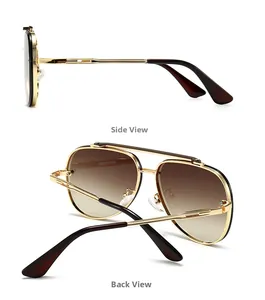 Side and back view of aviator sunglasses with gold metal frames and brown gradient lenses