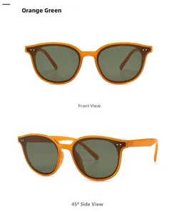 Orange frames with green lenses retro rivet sunglasses shown from front and side view