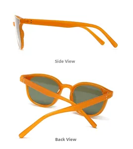 Detail view of orange rivet sunglasses showing side and back profiles on white background