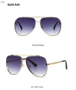 Front and 45-degree side views of gold aviator sunglasses with purple gradient lenses