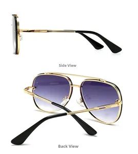 Side and back view of retro pilot sunglasses with gold metal frames and gradient lenses