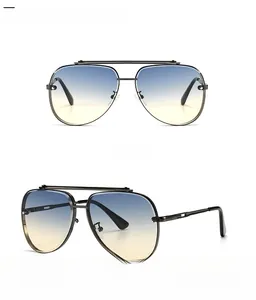 Front and side views of aviator sunglasses with black frame and blue-pink gradient lenses