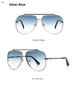 Front and 45-degree views of silver aviator sunglasses with gradient blue lenses