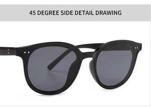 Detailed 45-degree side view of black sunglasses featuring silver rivet details