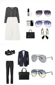 Flat lay of retro aviator sunglasses with modern fashion outfits and accessories