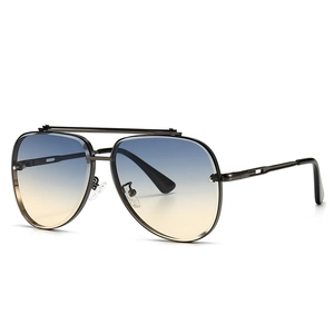 Modern retro aviator sunglasses with gradient blue-yellow lenses and dark metal frame