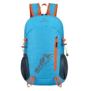 Light blue outdoor sports backpack with orange zippers and mountain graphic print