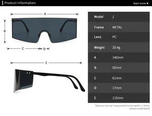 Detailed sizing guide and technical dimensions for oversized metal frame sunglasses