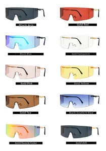 Flat lay of oversized sunglasses in 10 color variants with metal temples and lenses