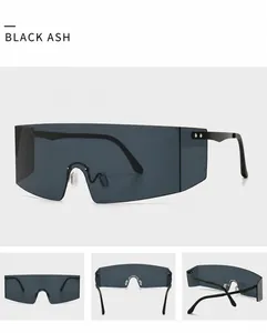 Detail views of black ash shield sunglasses with large frameless lenses and metal temples