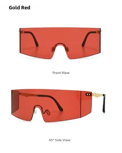 Front and 45-degree side view of minimalist gold shield sunglasses with red lenses