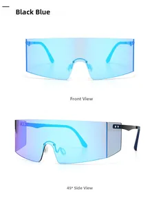 Front and 45 degree side view of oversized black blue shield sunglasses for men and women