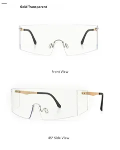 Front and 45-degree side views of gold transparent oversized rimless sunglasses