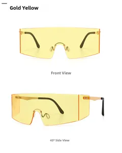 Front and 45-degree angle view of oversized golden shield sunglasses with gold resin lenses