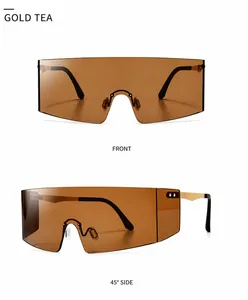 Detailed views of gold tea rimless sunglasses with metal temples and oversized lenses