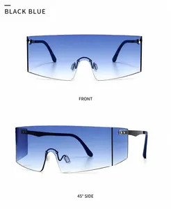 Close-up of frameless oversized shield sunglasses with blue gradient resin lenses