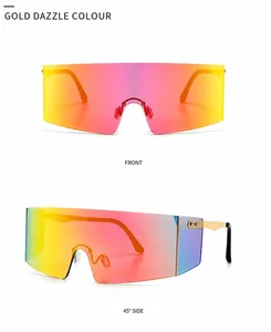 Detail view of gold dazzle mirrored square sunglasses from front and 45-degree side angles