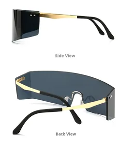 Side and back view of oversized square sunglasses with gold metal temples and grey lenses