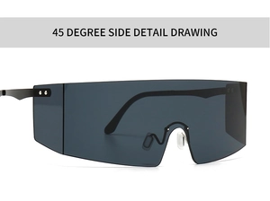 Detailed 45-degree side view of black shield sunglasses with slim metal frames