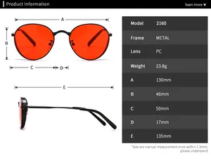 Guide des tailles détaillé pour lunettes de soleil rétro 2160 avec dimensions du cadre