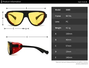 Tableau des tailles détaillé pour lunettes de soleil rétro en métal avec dimensions