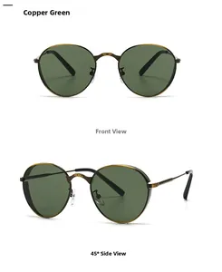 Vues de face et de profil à 45 degrés de lunettes rétro rondes en cuivre et verres verts