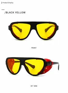 Gros plan de lunettes de soleil rétro avec verres jaunes et protections en cuir rouge