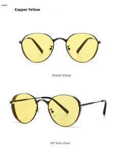Détails de lunettes de soleil rondes rétro avec monture cuivrée et verres jaunes