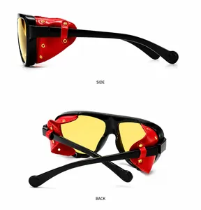 Vue détaillée latérale et arrière des lunettes steampunk avec protections en cuir rouge
