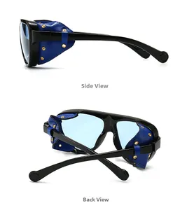 Vue détaillée des lunettes steampunk avec verres bleus et protections latérales