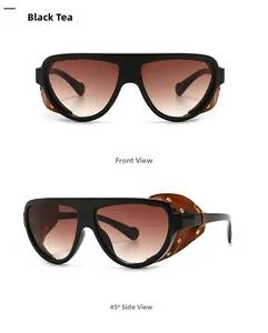 Vues détaillées de lunettes aviateur vintage avec protections en cuir et rivets dorés