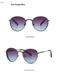 Vues détaillées de face et de côté de lunettes rétro gunmetal avec verres dégradés bleu-violet