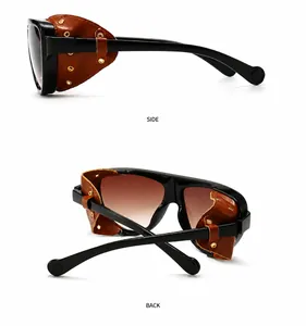 Vue latérale et arrière de lunettes de soleil rétro punk avec œillères en cuir