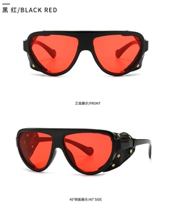 Lunettes aviateur rétro avec monture noire, verres rouges et rivets métalliques