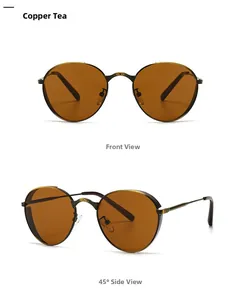 Vues de face et de côté de lunettes de soleil rondes rétro avec verres thé cuivré et métal