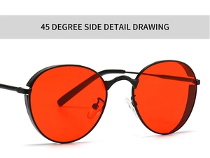 Lunettes de soleil punk rétro modernes avec monture noire et verres rouges en vue latérale