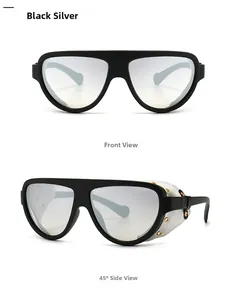 Vues avant et latérale de lunettes de soleil noires avec verres miroirs et protections latérales