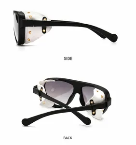 Détail de lunettes de soleil rétro avec protections latérales en cuir blanc et œillets