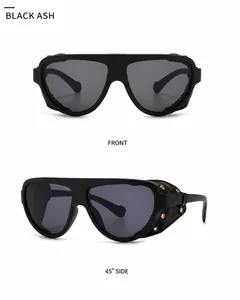 Détail de lunettes de soleil steampunk noires avec écrans latéraux et rivets dorés