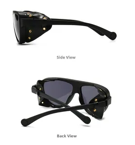 Détail de lunettes steampunk avec protections latérales en cuir noir et rivets dorés