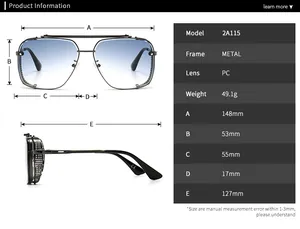 Detailed size chart for retro square sunglasses showing dimensions and metal frame specs
