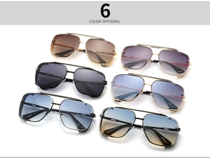 Flat lay of modern aviator sunglasses in six different gradient lens colors with metal frames