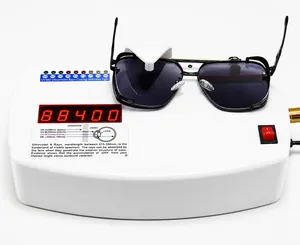 UV400 protection test for square frame sunglasses with gold bridge and black lenses