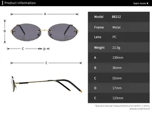 Detailed dimension chart showing size 139mm and specs for oval metal frame sunglasses