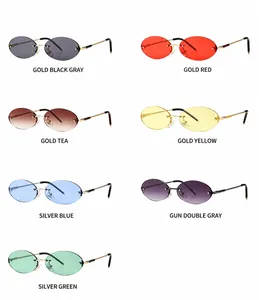 Multiple color variations of rimless oval sunglasses with metallic frames and tinted lenses